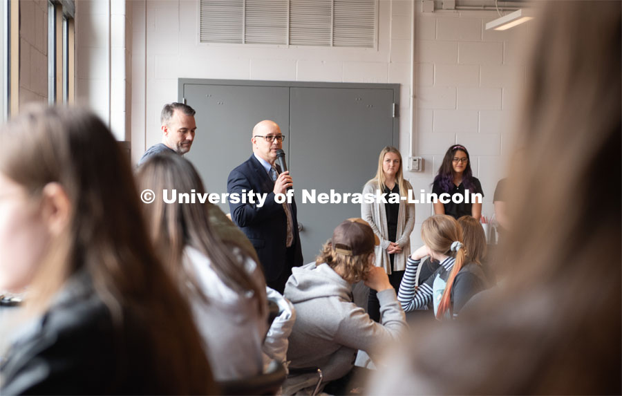 IANR Vice Chancellor, Michael Boehm, addresses the crowd at the ice cream social. CASNR Week Ice Cream Social, UNL Dairy Store Relocation Celebration. March 12, 2020. Photo by Gregory Nathan / University Communication.